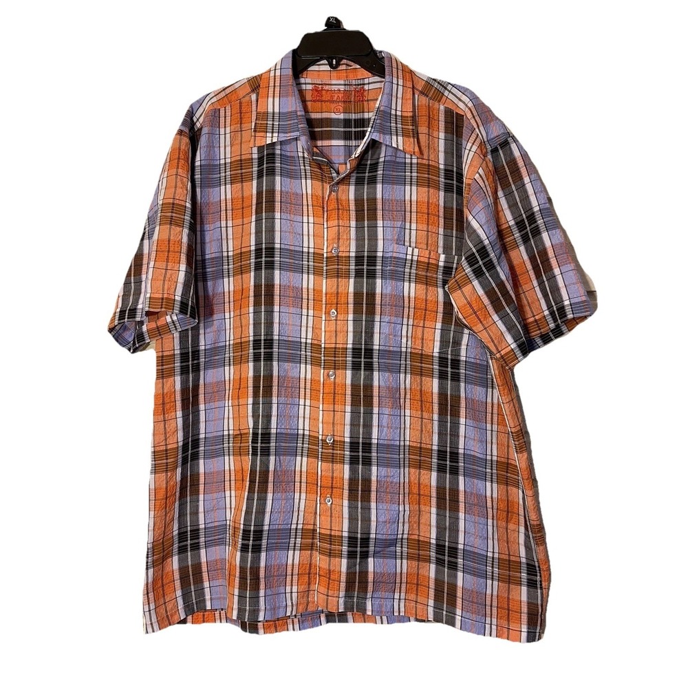FUSAI Jeans Mens Button Up Colorful Shirt XL Short Sleeve Orange & Blue